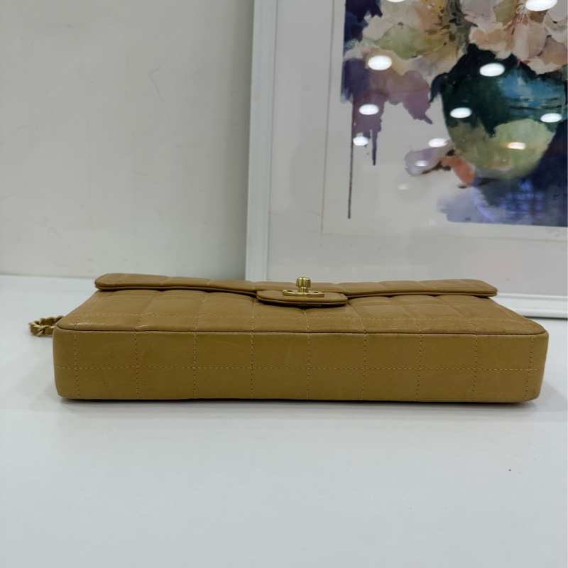 Chanel 香奈兒 vintage 冰格鏈條包 奶茶色 經典金扣 7位鐳射6字頭 尺寸26x13x4cm-5