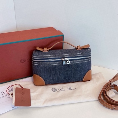 【99新🆕大全套24年票 】Loro Piana lp19 稀有 牛仔拼焦糖皮 丹寧銀扣飯盒包 手提包 斜挎包