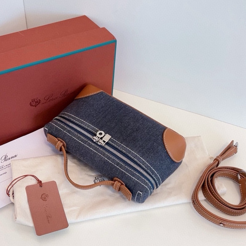 【99新🆕大全套24年票 】Loro Piana lp19 稀有 牛仔拼焦糖皮 丹寧銀扣飯盒包 手提包 斜挎包-3