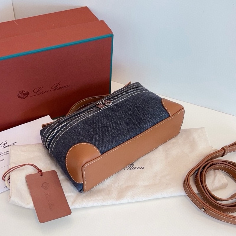 【99新🆕大全套24年票 】Loro Piana lp19 稀有 牛仔拼焦糖皮 丹寧銀扣飯盒包 手提包 斜挎包-4