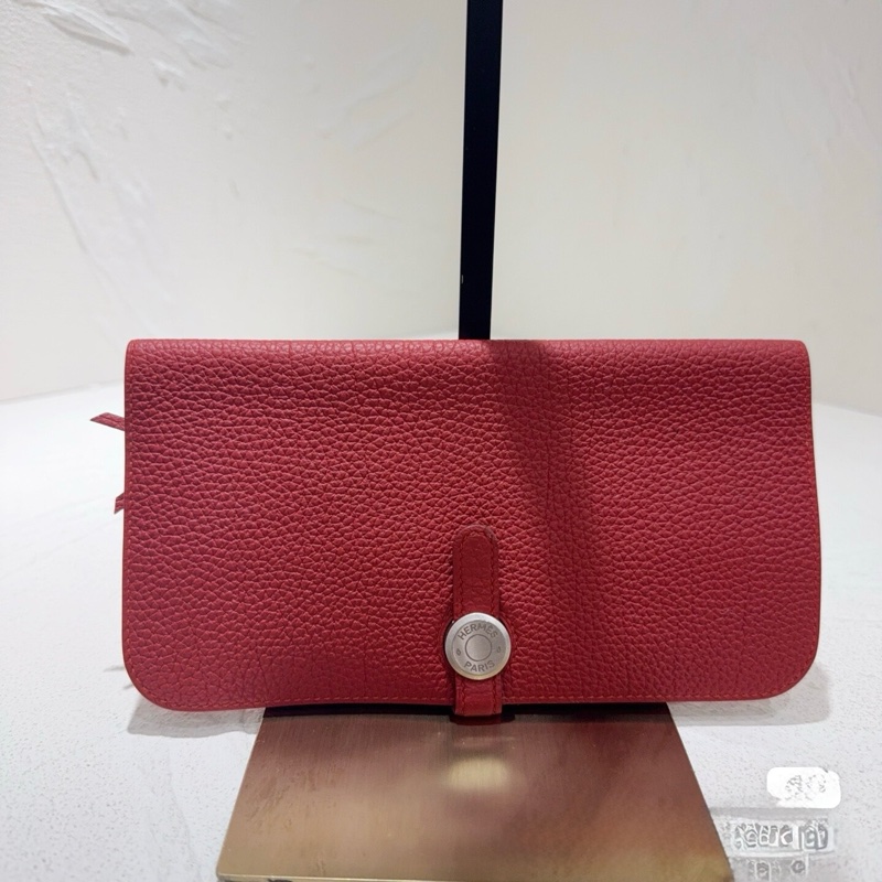 98新 愛馬仕 	Hermès Dogon 長夾 紅色 Togo 牛皮 銀扣 後拉鍊口袋 框R-0