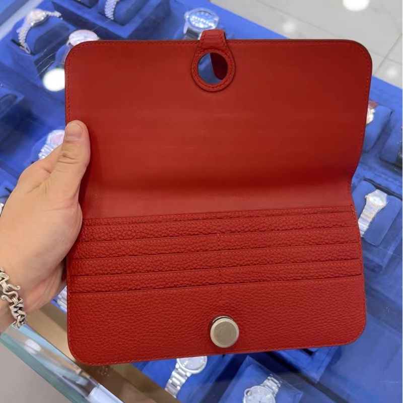 98新 愛馬仕 	Hermès Dogon 長夾 紅色 Togo 牛皮 銀扣 後拉鍊口袋 框R-4