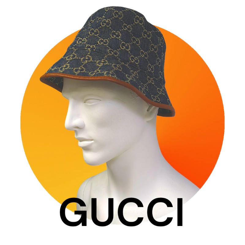 【8成新】㊣✨Gucci✨古馳 滿版 gg  牛仔 刺繡 皮邊 漁夫帽 帽子 遮陽帽/二手精品/配件🌳二手樹屋🌳-0