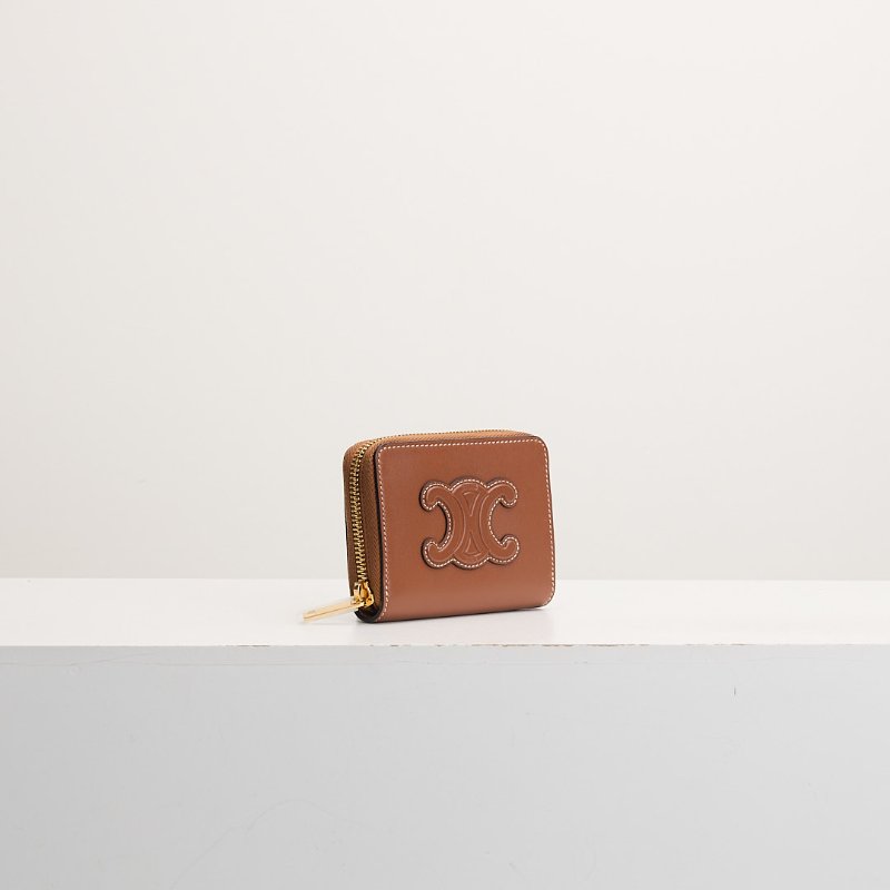 Celine 浮雕凱旋門小牛皮拉鍊零錢包/棕色-1