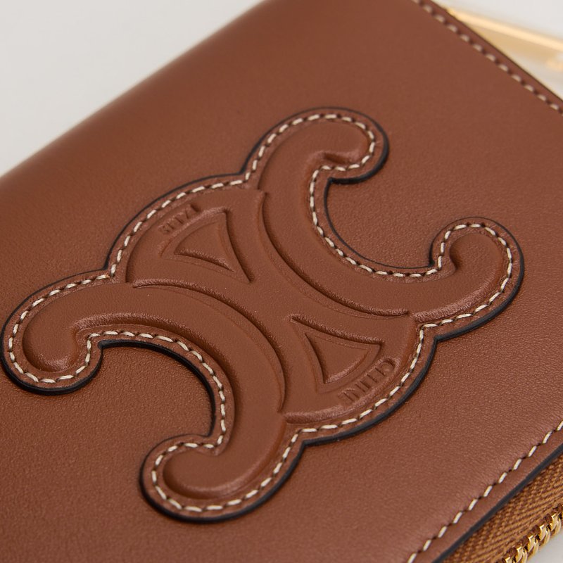 Celine 浮雕凱旋門小牛皮拉鍊零錢包/棕色-4