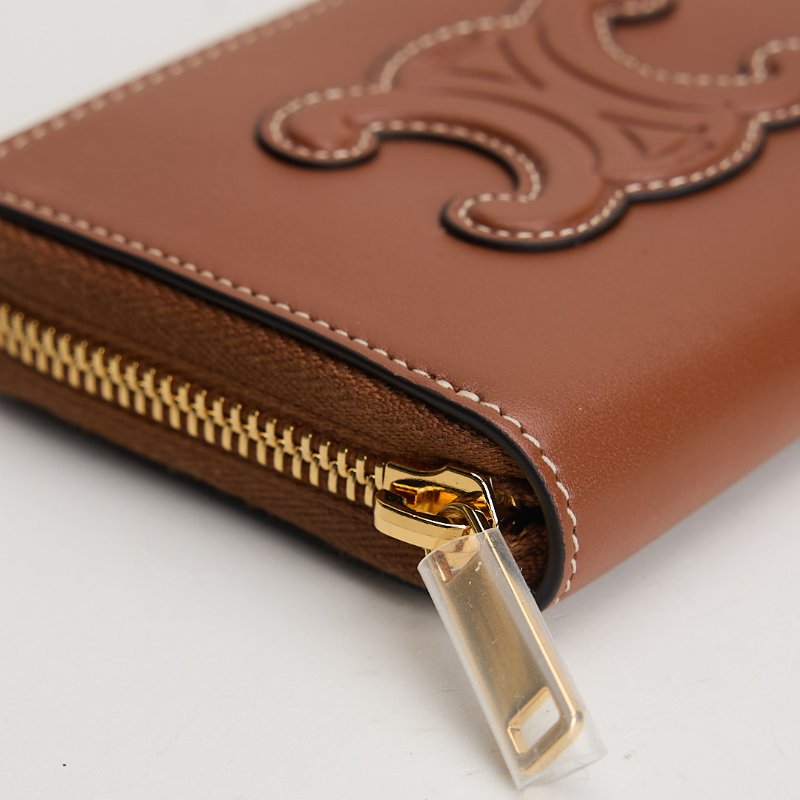 Celine 浮雕凱旋門小牛皮拉鍊零錢包/棕色-5