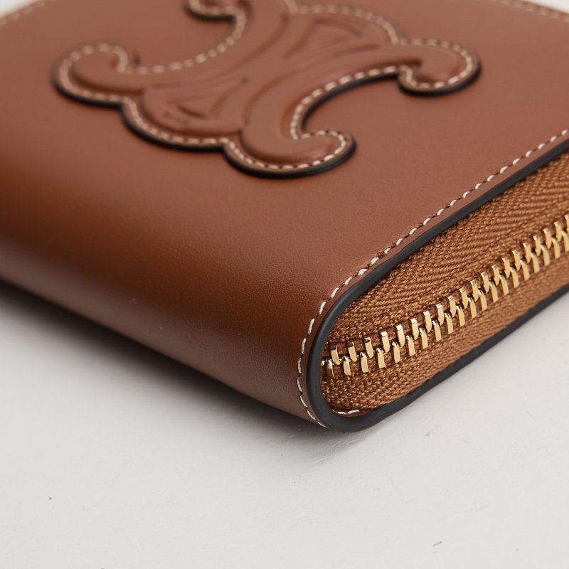 Celine 浮雕凱旋門小牛皮拉鍊零錢包/棕色-7