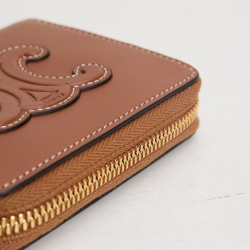 Celine 浮雕凱旋門小牛皮拉鍊零錢包/棕色-9