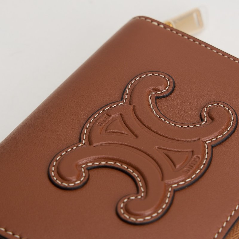 Celine 浮雕凱旋門小牛皮拉鍊零錢包/棕色-10