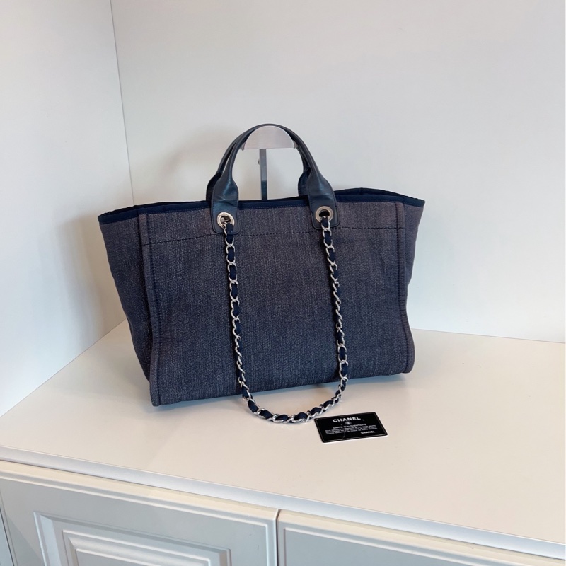 【98新🆕】Chanel 牛仔藍沙灘包 帆布拼牛皮 手提包 單肩包-2