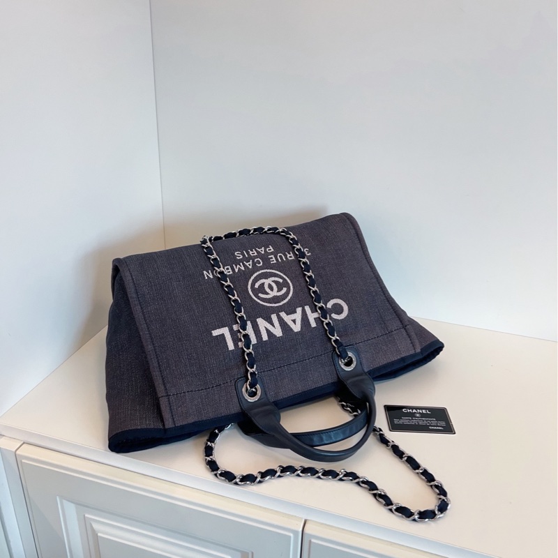 【98新🆕】Chanel 牛仔藍沙灘包 帆布拼牛皮 手提包 單肩包-4