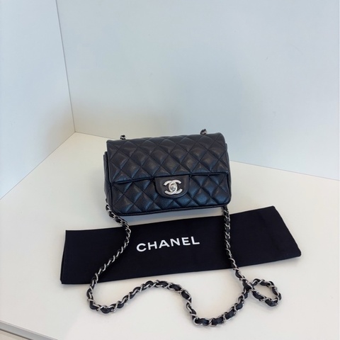 【98新🆕】Chanel 黑銀 荔枝皮 Classic CF大mini 口蓋包 斜挎包