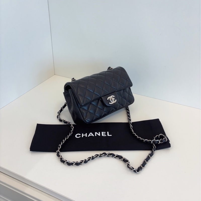【98新🆕】Chanel 黑銀 荔枝皮 Classic CF大mini 口蓋包 斜挎包-1