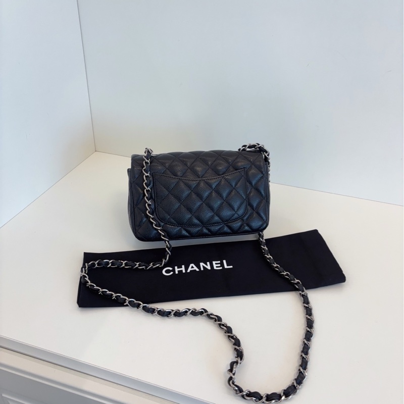 【98新🆕】Chanel 黑銀 荔枝皮 Classic CF大mini 口蓋包 斜挎包-3