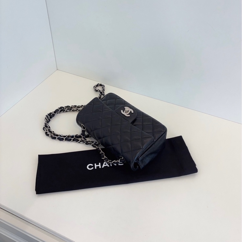 【98新🆕】Chanel 黑銀 荔枝皮 Classic CF大mini 口蓋包 斜挎包-5