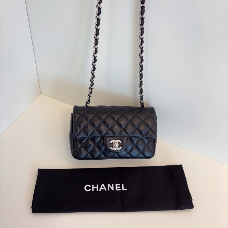 【98新🆕】Chanel 黑銀 荔枝皮 Classic CF大mini 口蓋包 斜挎包-7