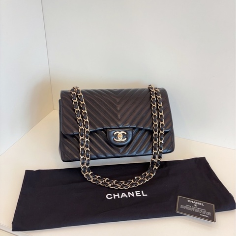【99新局部帶膜🆕】Chanel 經典 CF黑金 V紋 雙蓋紅內里 Jumbo大號 單肩包