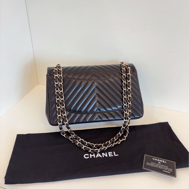 【99新局部帶膜🆕】Chanel 經典 CF黑金 V紋 雙蓋紅內里 Jumbo大號 單肩包-1