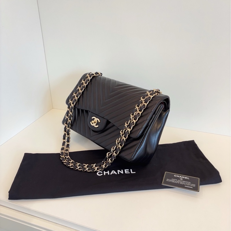 【99新局部帶膜🆕】Chanel 經典 CF黑金 V紋 雙蓋紅內里 Jumbo大號 單肩包-3