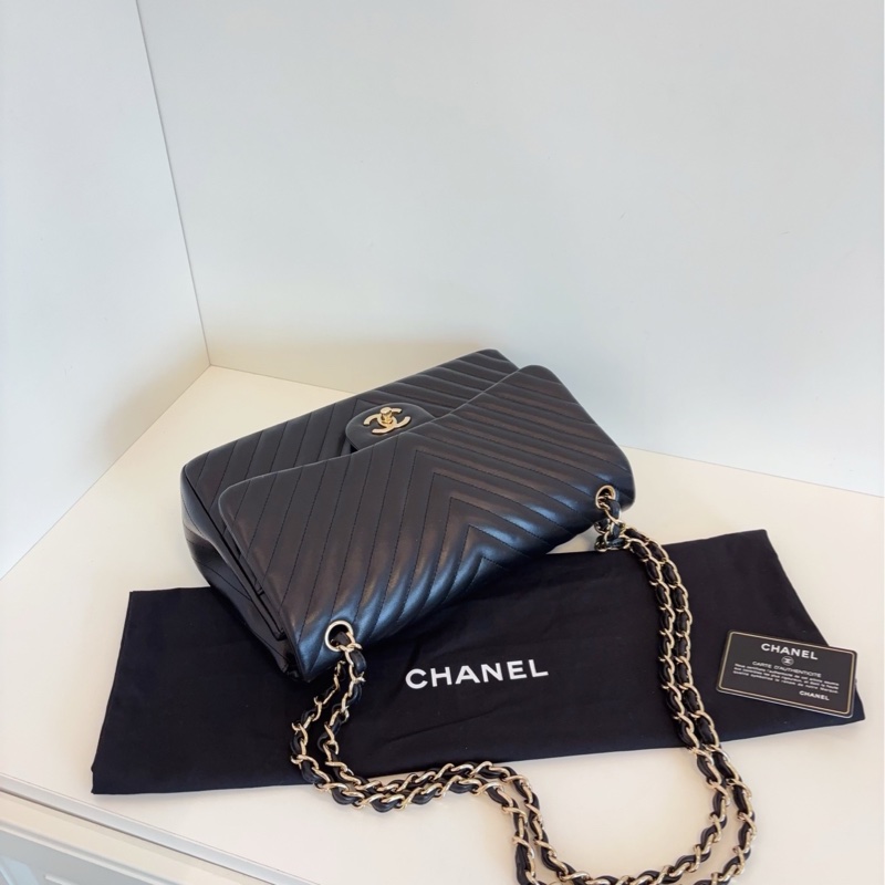 【99新局部帶膜🆕】Chanel 經典 CF黑金 V紋 雙蓋紅內里 Jumbo大號 單肩包-4