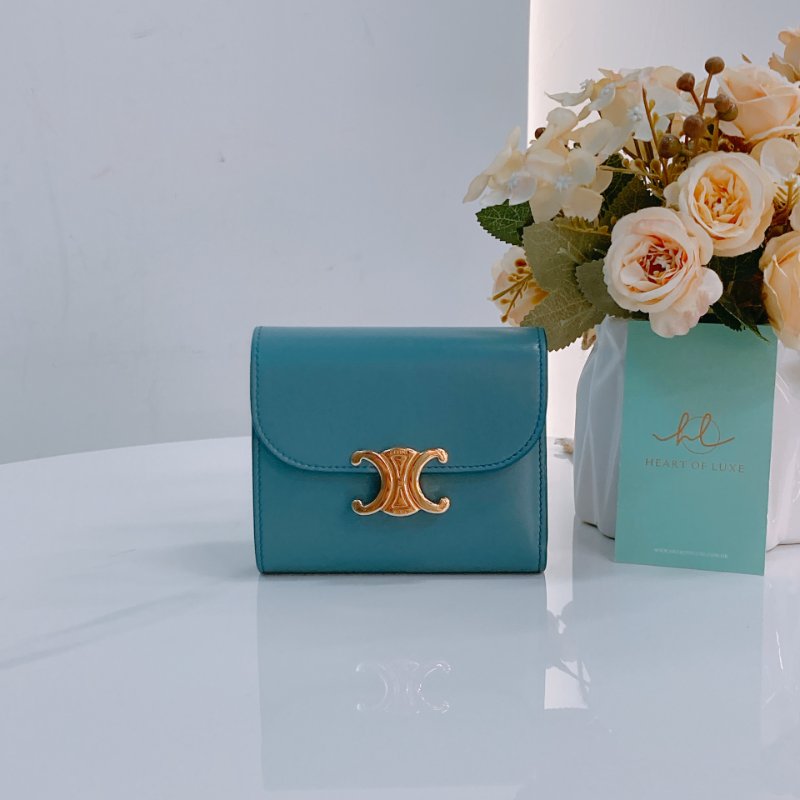 MS0565	Celine 思琳 三摺銀包 羊皮 水藍色 凱旋門 金扣 Portefeuille Triomphe Wallet Lambskin Blue x GHW-0