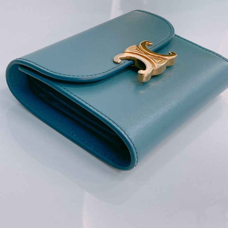 MS0565	Celine 思琳 三摺銀包 羊皮 水藍色 凱旋門 金扣 Portefeuille Triomphe Wallet Lambskin Blue x GHW-5