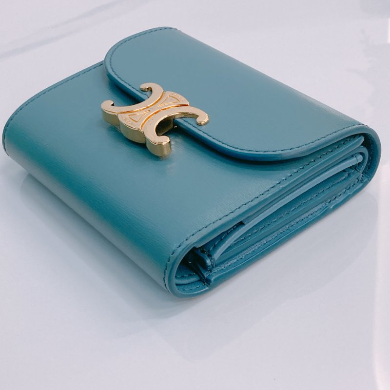 MS0565	Celine 思琳 三摺銀包 羊皮 水藍色 凱旋門 金扣 Portefeuille Triomphe Wallet Lambskin Blue x GHW-6