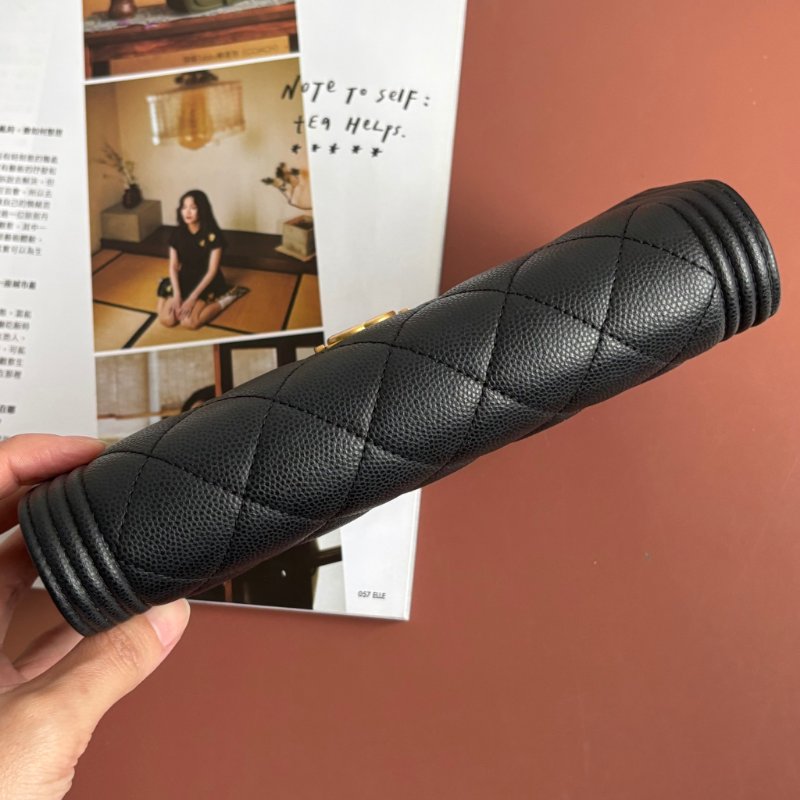 芯片款::CHANEL:: BOY 霧金釦黑色荔枝牛皮口蓋長夾 釦式長夾 發財長夾-7