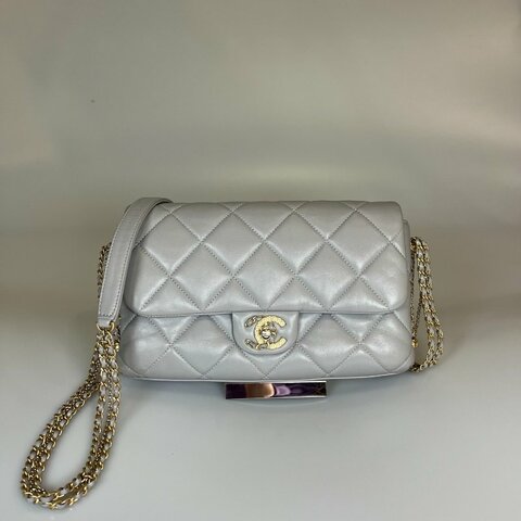 CHANEL CF灰珍珠季節款側肩包 AS2563/晶片款