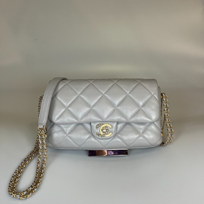 CHANEL CF灰珍珠季節款側肩包 AS2563/晶片款-0