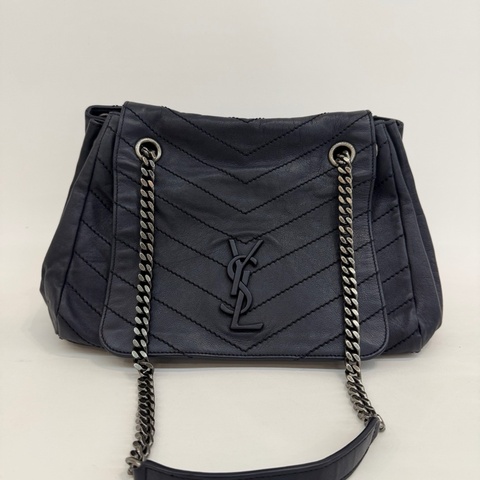 Saint Laurent 聖羅蘭海軍藍全皮V紋中號洛麗塔鏈條單肩斜挎包。