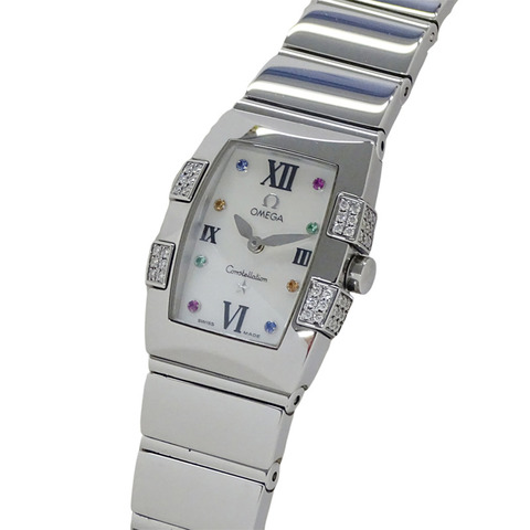 歐米茄星座系列 Quadrella Mini 1585.79 女士腕錶，飾有貝殼、鑽石和彩色寶石，石英機芯，不鏽鋼錶殼，銀色，拋光處理