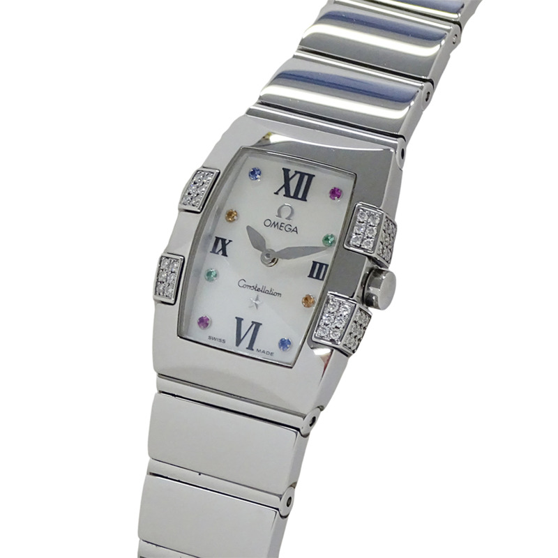 歐米茄星座系列 Quadrella Mini 1585.79 女士腕錶,飾有貝殼、鑽石和彩色寶石,石英機芯,不鏽鋼錶殼,銀色,拋光處理-0