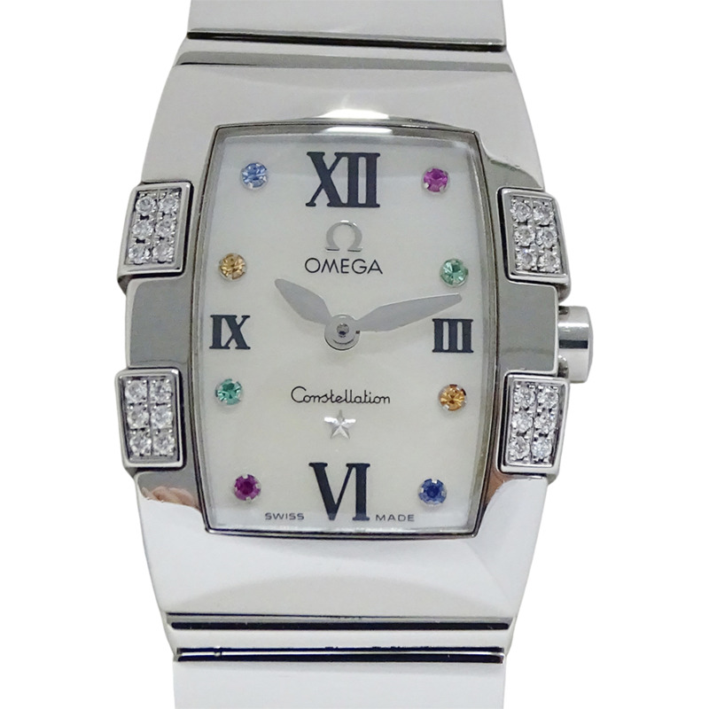 歐米茄星座系列 Quadrella Mini 1585.79 女士腕錶,飾有貝殼、鑽石和彩色寶石,石英機芯,不鏽鋼錶殼,銀色,拋光處理-1