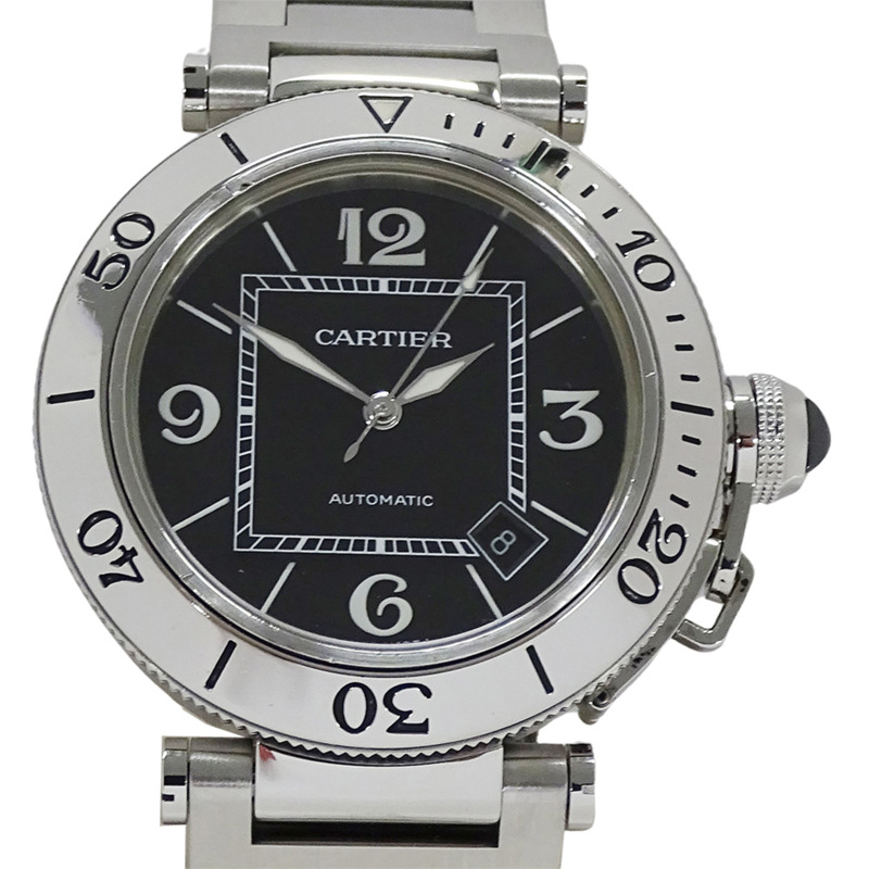 卡地亞 Pasha Seatimer 男士腕錶,附日期顯示,自動上鍊,不鏽鋼材質,型號 W31077M7,銀色/黑色,拋光處理-1