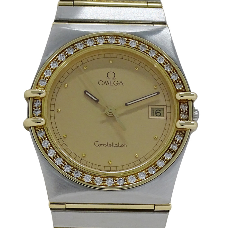 歐米茄星座系列男士腕錶,鑲鑽,日期顯示,石英機芯,QZ不銹鋼,黃金和黃金,全條形錶帶,拋光-1