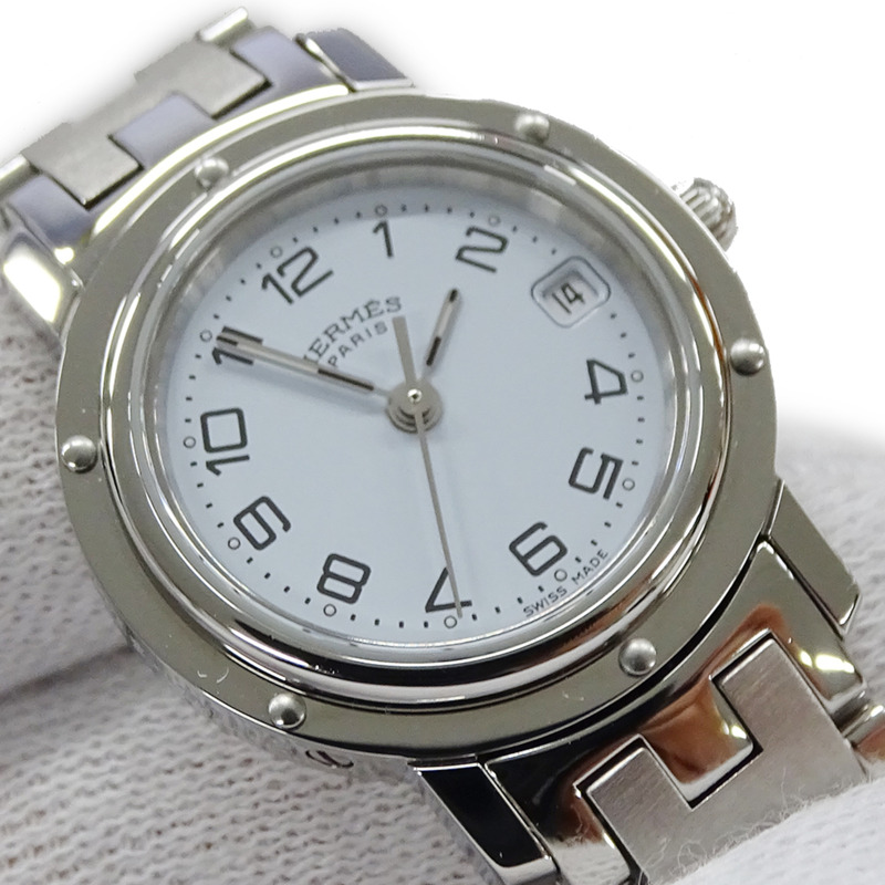 愛馬仕 Clipper Date 女士石英腕錶，不鏽鋼材質，CL4.210，銀/白色，拋光處理-12