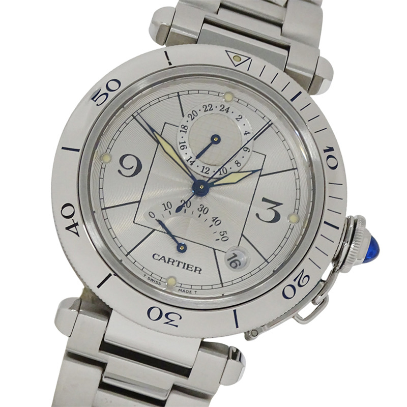 卡地亞 Pasha 男士腕錶,型號 W31037H3,GMT 兩地時,日期顯示,自動上鍊,不鏽鋼材質,銀色錶殼,圓形錶盤,拋光處理-0