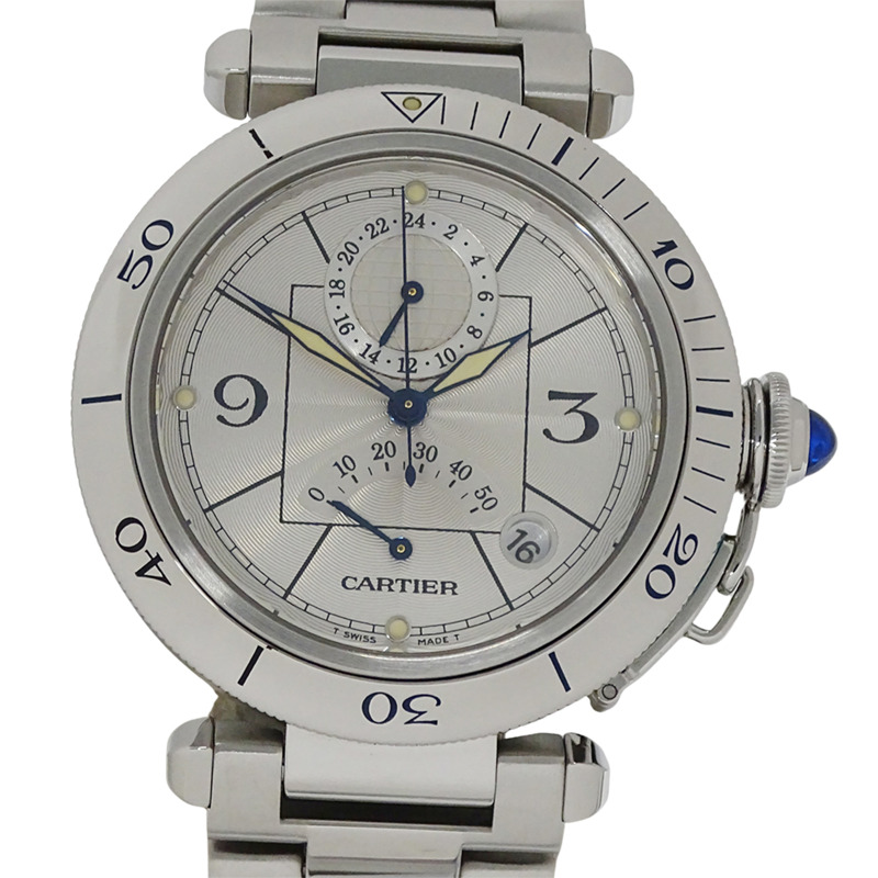 卡地亞 Pasha 男士腕錶,型號 W31037H3,GMT 兩地時,日期顯示,自動上鍊,不鏽鋼材質,銀色錶殼,圓形錶盤,拋光處理-1