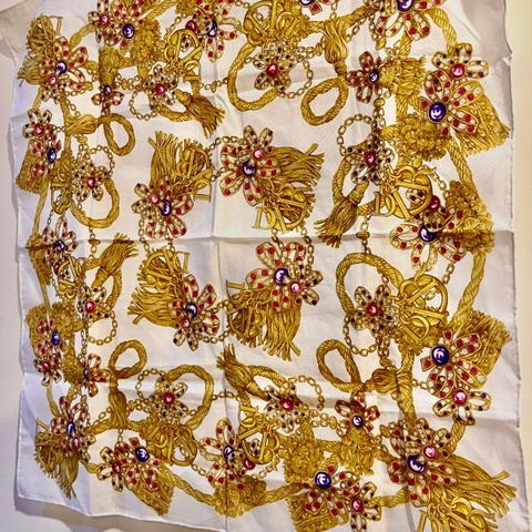 中古vantage DIOR金色流蘇寶石圖騰50x50絲巾方巾