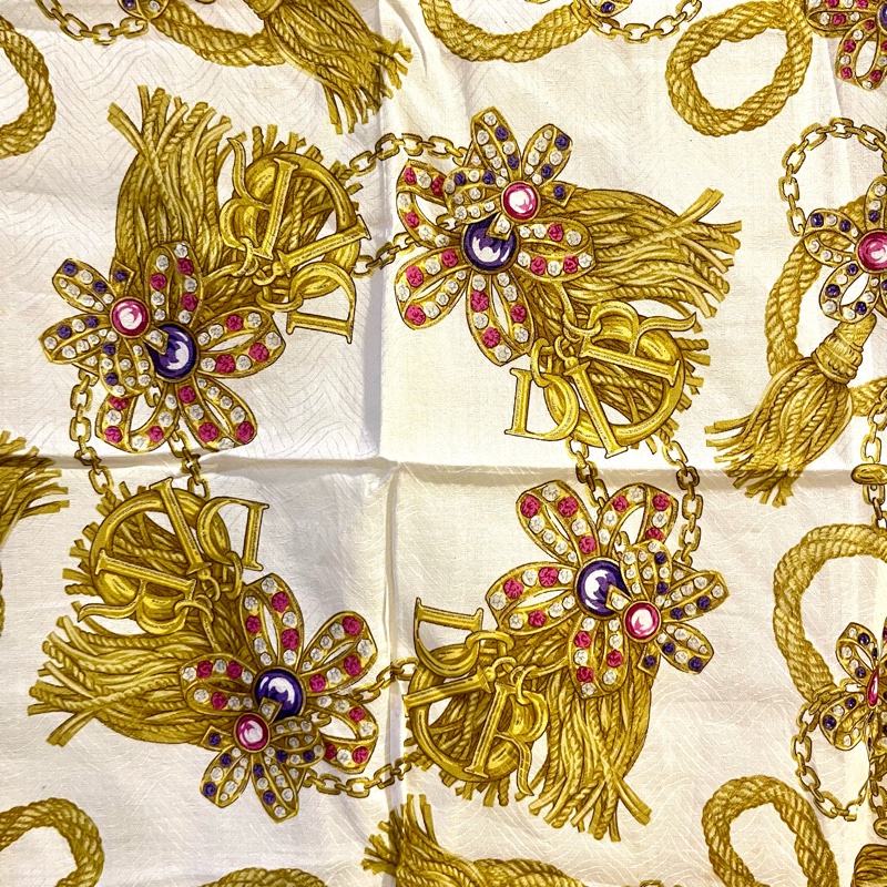 中古vantage DIOR金色流蘇寶石圖騰50x50絲巾方巾-3