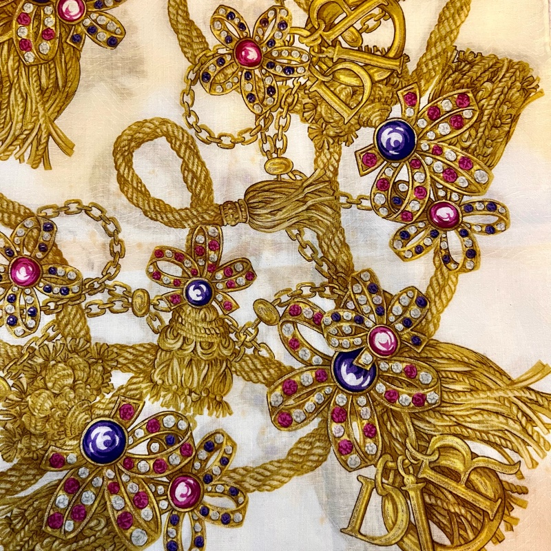 中古vantage DIOR金色流蘇寶石圖騰50x50絲巾方巾-4