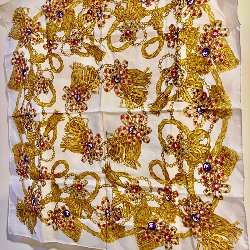 中古vantage DIOR金色流蘇寶石圖騰50x50絲巾方巾-5