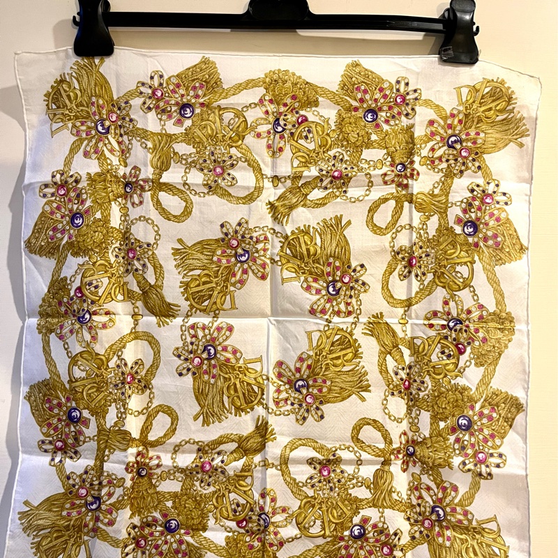 中古vantage DIOR金色流蘇寶石圖騰50x50絲巾方巾-6