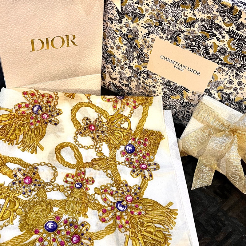 中古vantage DIOR金色流蘇寶石圖騰50x50絲巾方巾-7