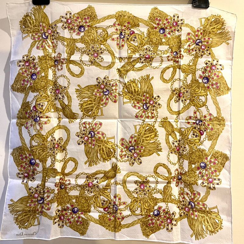 中古vantage DIOR金色流蘇寶石圖騰50x50絲巾方巾-9