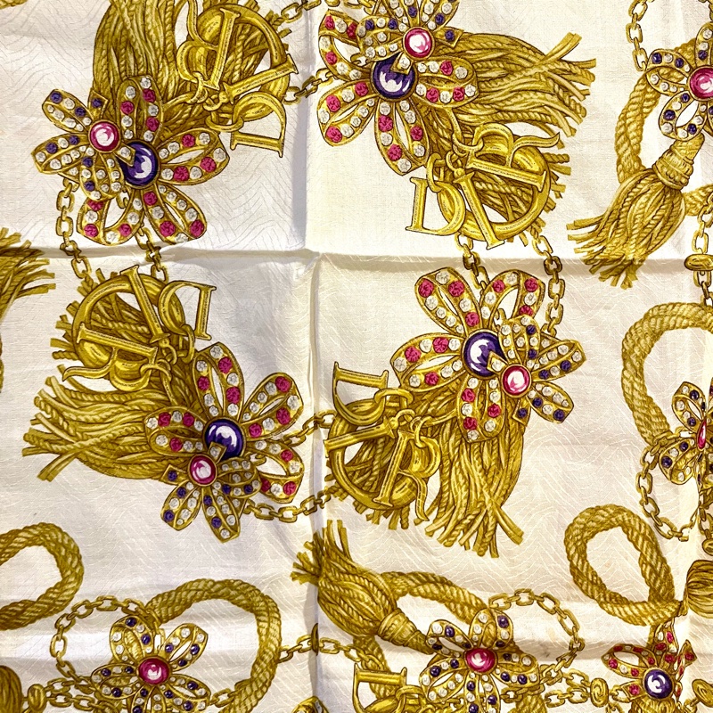 中古vantage DIOR金色流蘇寶石圖騰50x50絲巾方巾-10