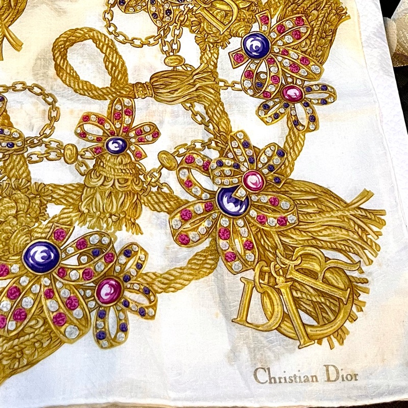中古vantage DIOR金色流蘇寶石圖騰50x50絲巾方巾-11