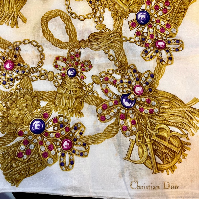 中古vantage DIOR金色流蘇寶石圖騰50x50絲巾方巾-12