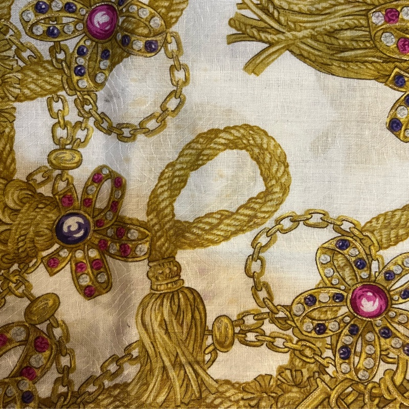 中古vantage DIOR金色流蘇寶石圖騰50x50絲巾方巾-17